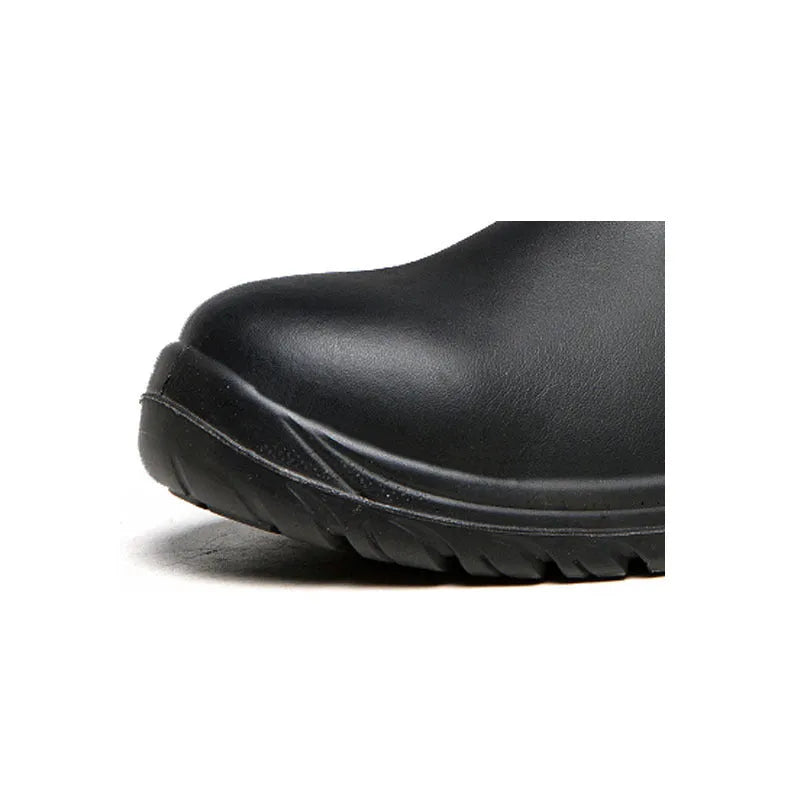 Black leather safety work boots with high-top design and anti-piercing sole