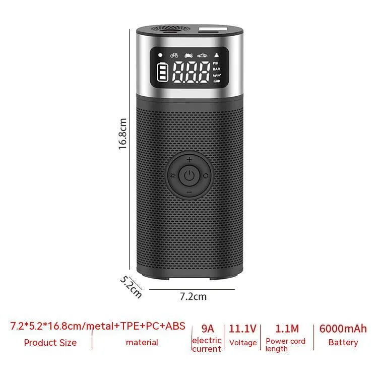 Black portable wireless air pump with metal construction, USB charging port, and 15cm inflation tube