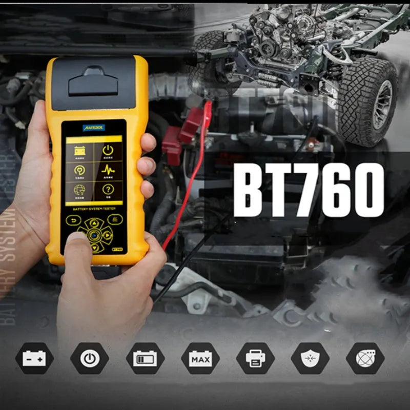 Autool BT760 vehicle battery diagnostic tool with colour screen, clips, and printed test receipt.
