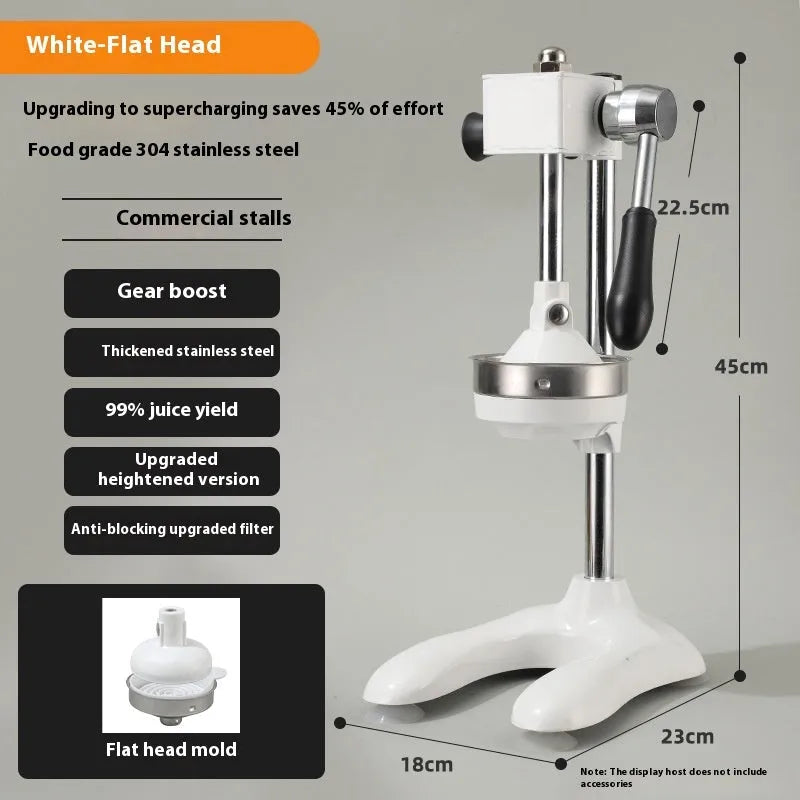Stainless steel manual vertical citrus juicer on a countertop, showing optional colour finishes and head styles.