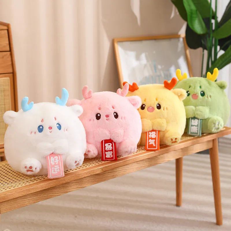 Cute dragon group plush doll toy in green with PP cotton filling, 28cm height, short plush fabric, white background