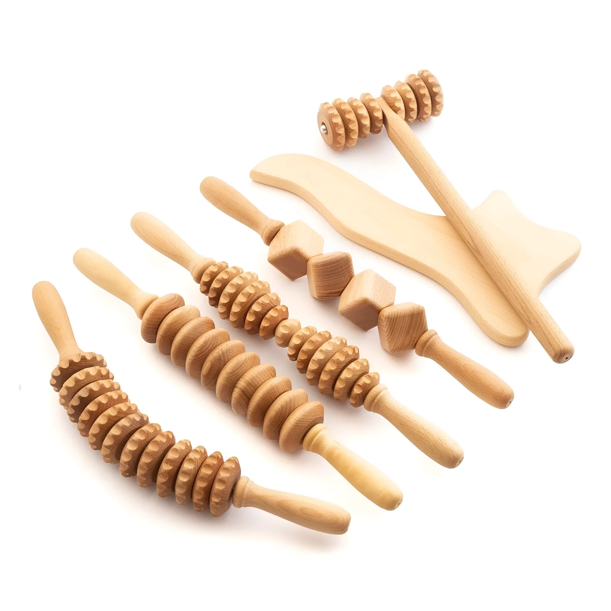 Natural beech wood massage roller set with multiple wheel designs for lymphatic drainage and skin texture improvement