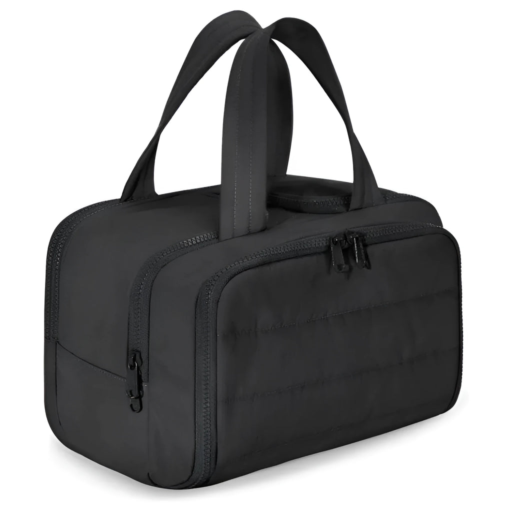 Large lightweight travel wash bag in beige colour with wide-opening design showing interior space