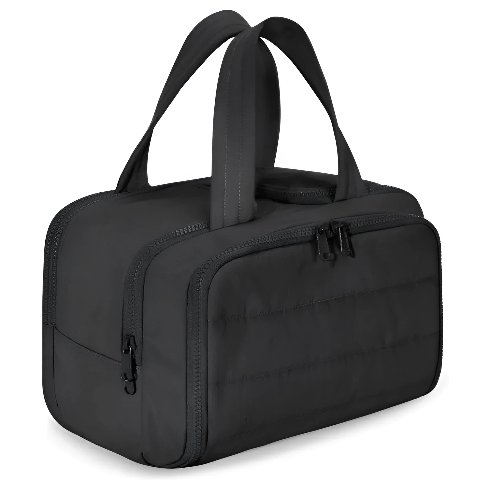Large lightweight travel wash bag in beige colour with wide-opening design showing interior space