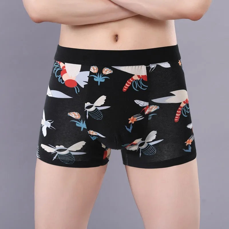 Purified cotton men's boxer briefs in a floral pattern showing mid waist and U-shaped pouch design.