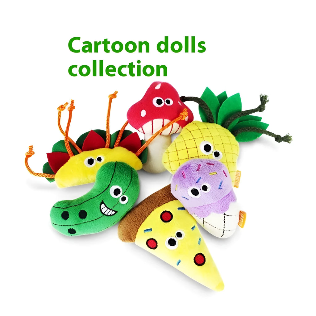 Set of six plush cat pillow toys shaped like a burrito, pineapple, pizza, cone, cucumber, and mushroom.