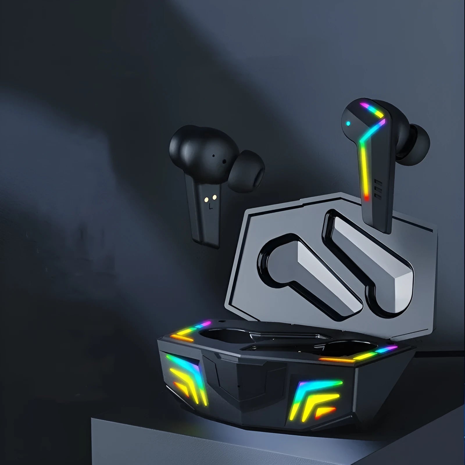Small black Bluetooth earplug headset with low latency for sports and gaming