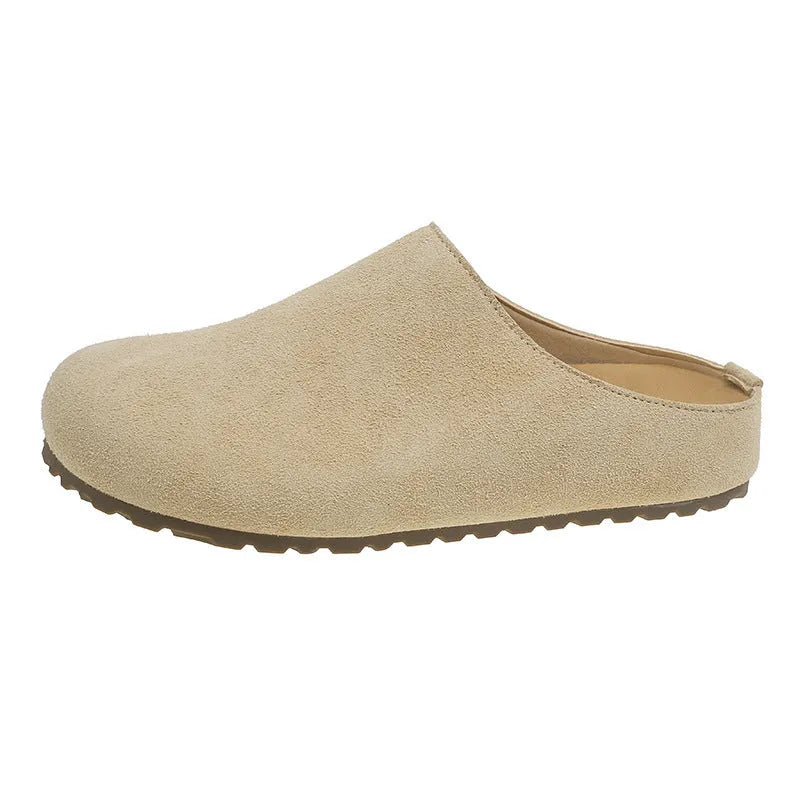 Korean style square toe outdoor slippers in apricot colour with a microfiber upper and PU sole.