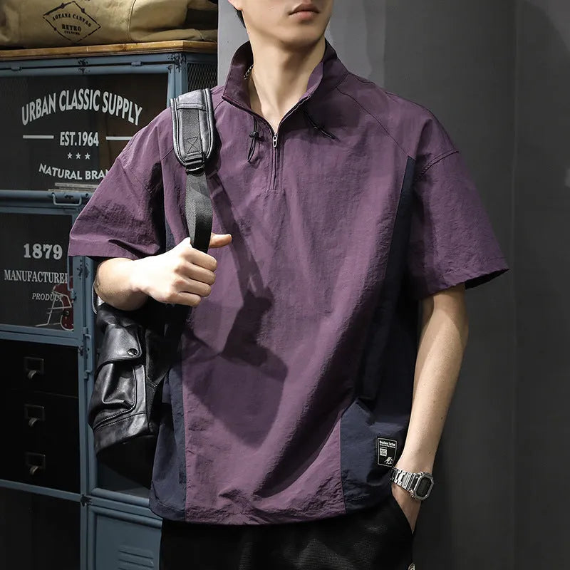 Men's brown half-zipped stand collar business casual shirt with short sleeves and ice silk fabric