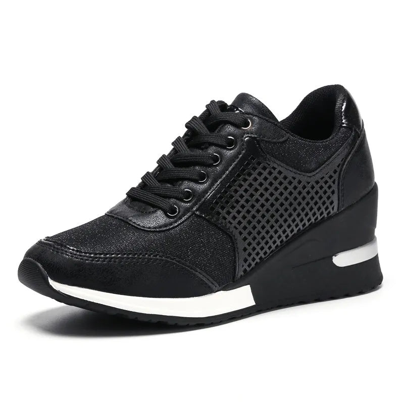 Women's PU lace-up height increasing sneakers 6.5cm round toe casual walking shoes Black Gold Grey Leopard