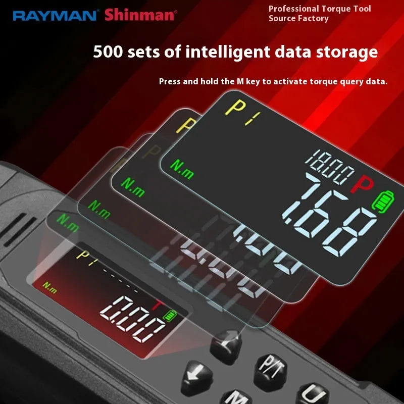 Electronic digital display torque wrench with triple alert system showing sound, light, and vibration warnings