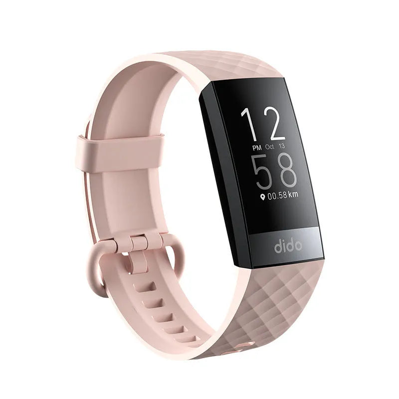 Black smart bracelet with 1.1-inch screen showing health metrics like heart rate and ECG, on a wrist.