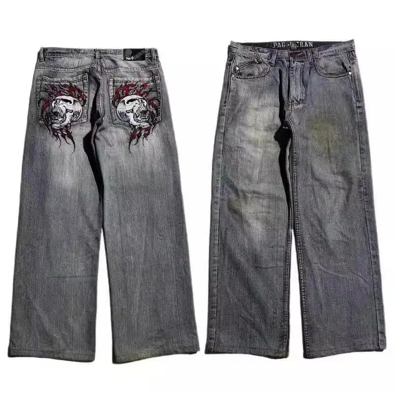 Men's washed grey straight-leg jeans with a wide-leg casual workwear design on a neutral background.