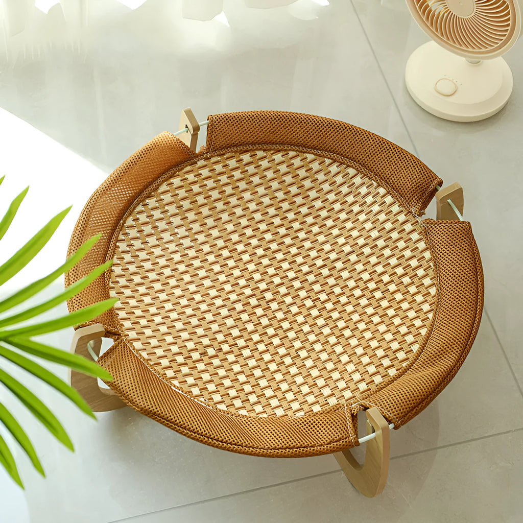 Brown woven rattan cat hammock with square 46cm base and raised sleeping platform
