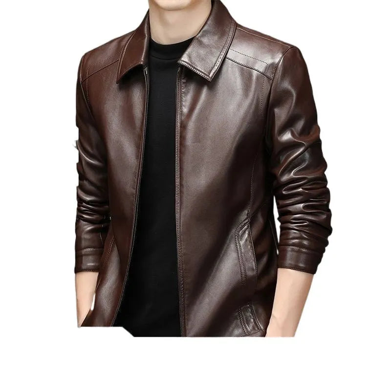 Thin fleece-lined genuine leather jacket in black colour block design with straight hem and loose fit