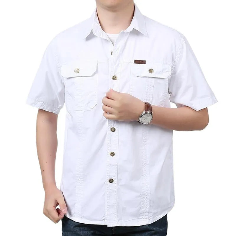 Men's cotton short sleeve loose fit cardigan shirt in dark blue on a model, summer workwear style