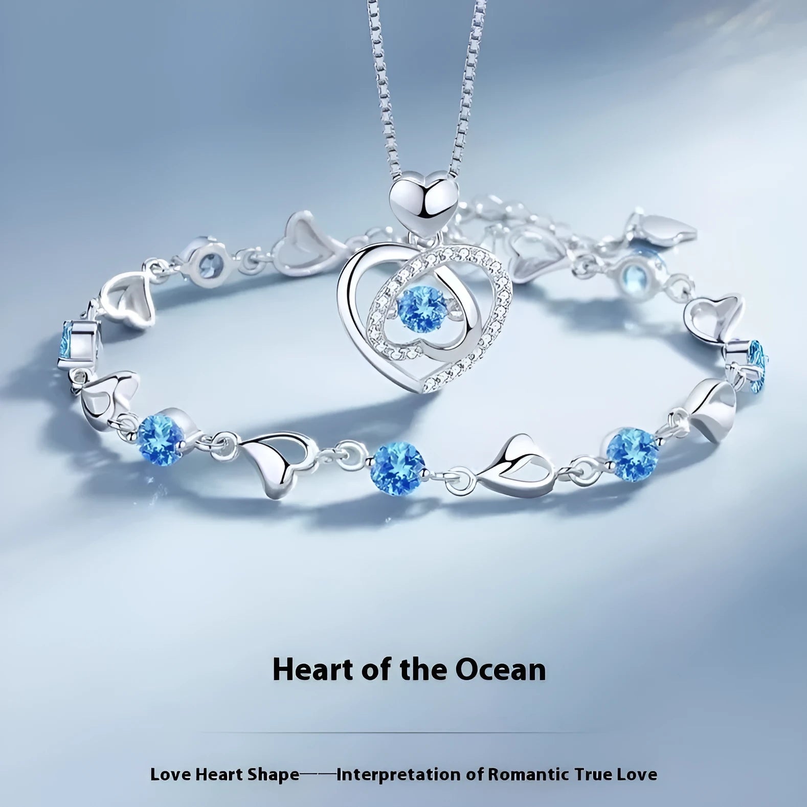 Blue diamond electroplated copper love heart necklace and bracelet jewellery set with adjustable length