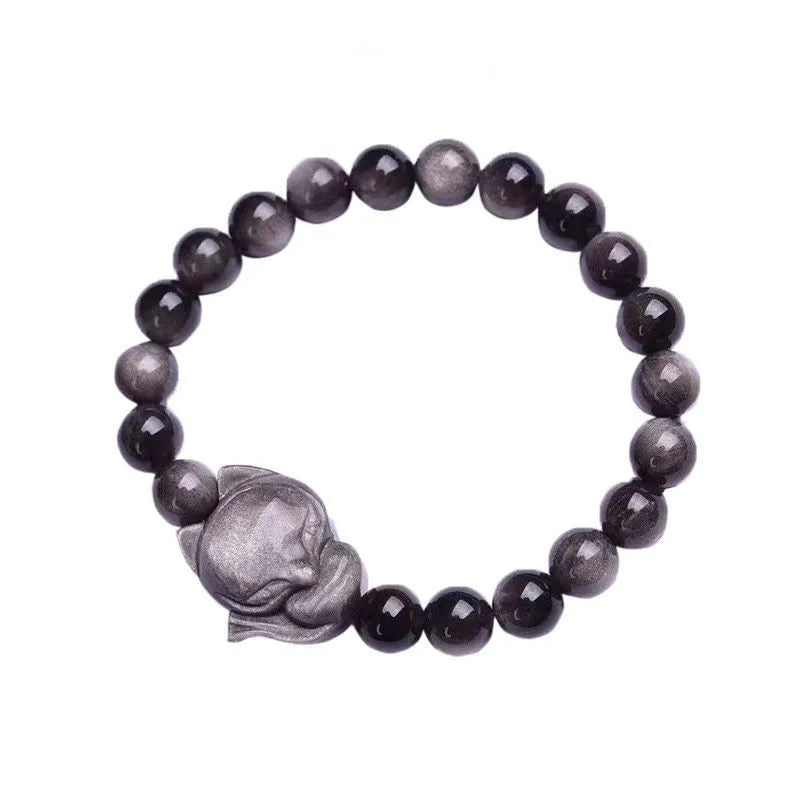 Obsidian Fox single ring bracelet with 8mm polished beads and silver fox charm