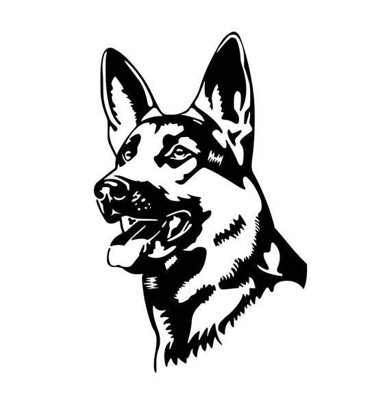 Reflective Alsatian German Shepherd dog bumper sticker on a car, showing colour options.