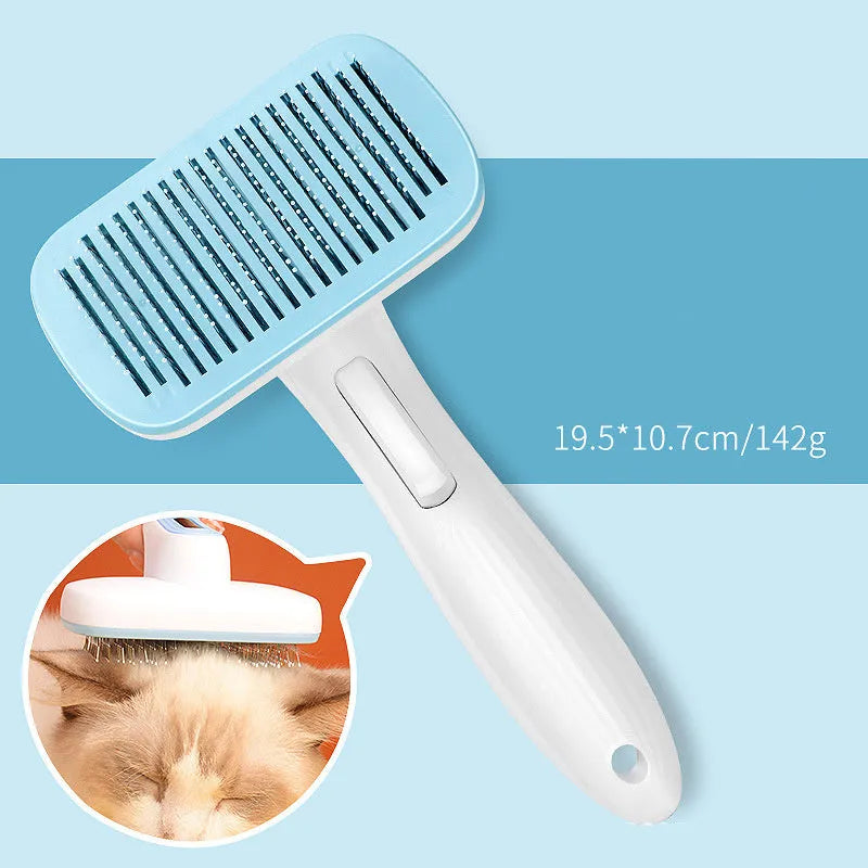 Automatic pet hair removal comb for dogs and cats in blue, grey, green, and pink colour options