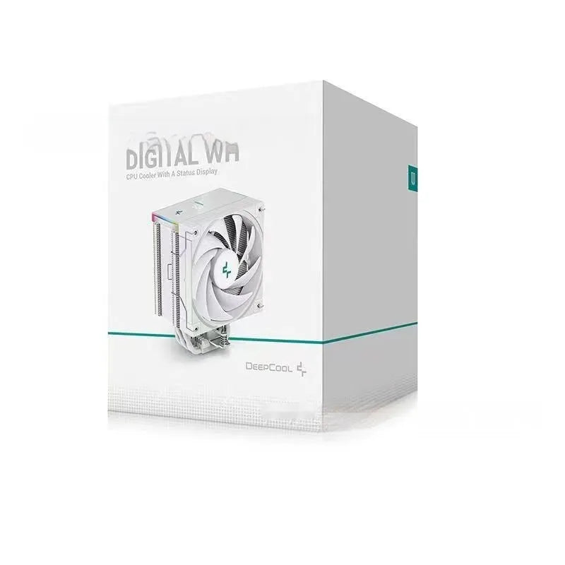 Black and white tower CPU air cooler with heat sink fins and digital display for PC computer case.