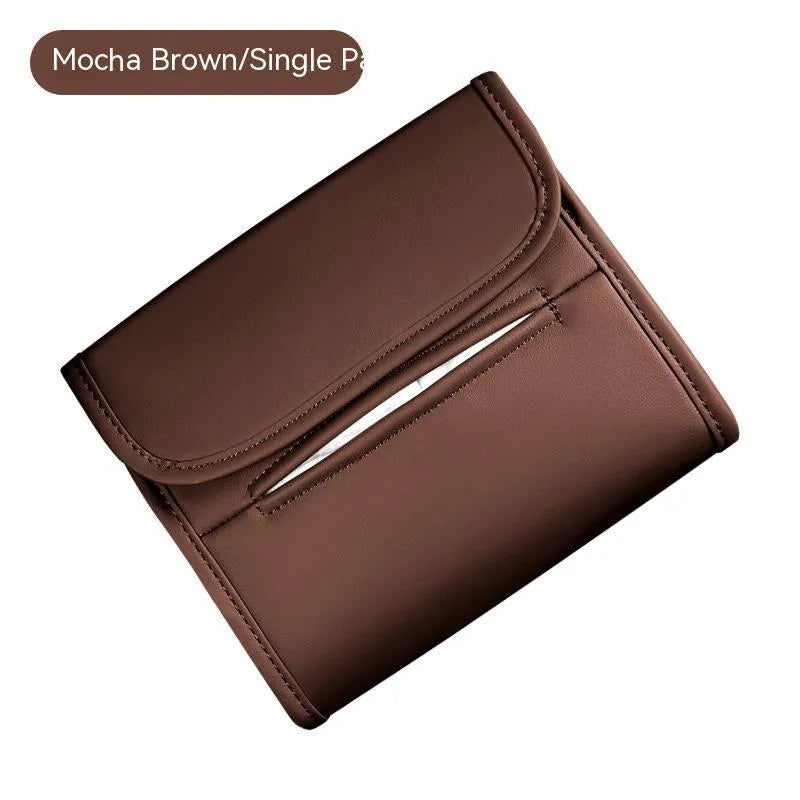 Leather car tissue box holder with elastic bands for installation on vehicle sun visors