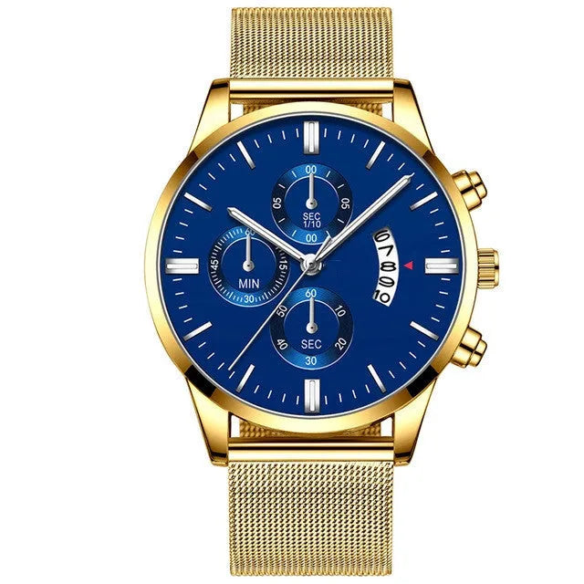 Men's stainless steel mesh band quartz watch with analog display in multiple colour options
