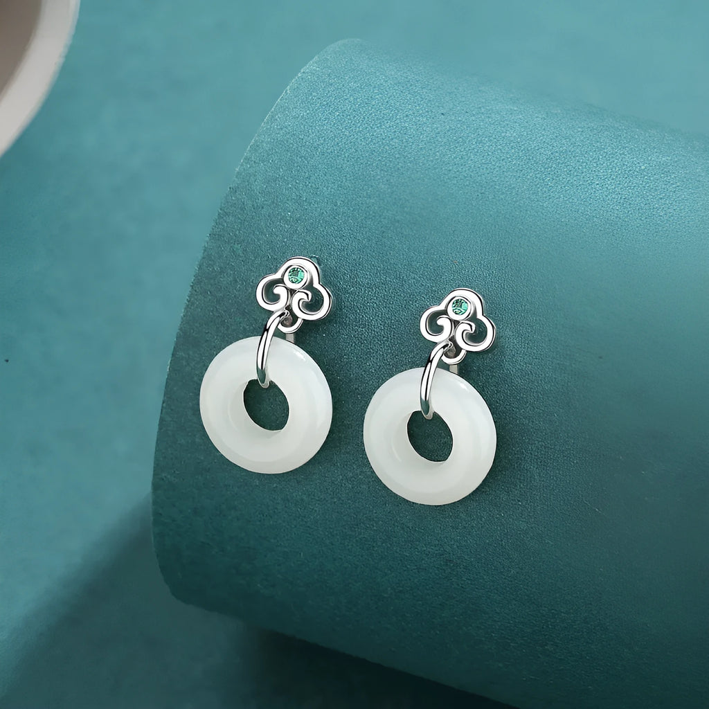Pair of S925 sterling silver Ruyi safety buckle earrings with natural Hetian jade centrepiece, 20mm height