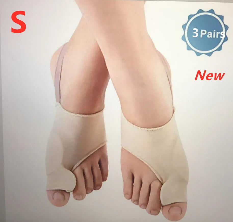 Valgus toe separator corrective socks with silicone gel bunion pad shown in sizes S, M, and L.
