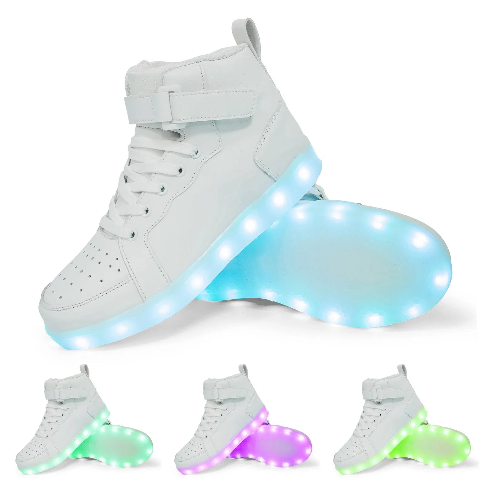 Black high-top LED light-up shoes with Velcro strap and glowing soles