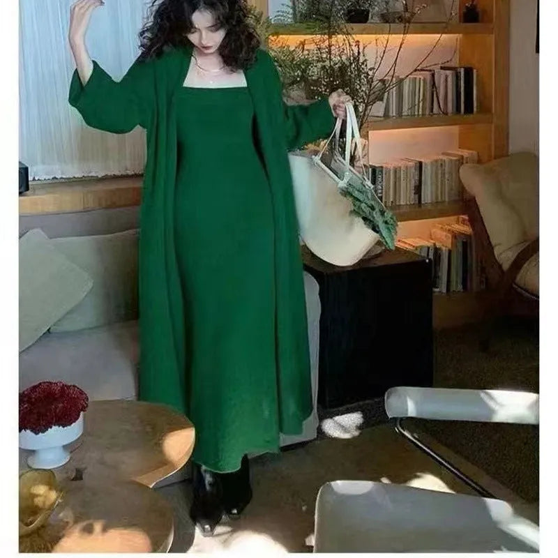 Women's grey knitted cardigan dress and coat suit set with flocking pattern detail.