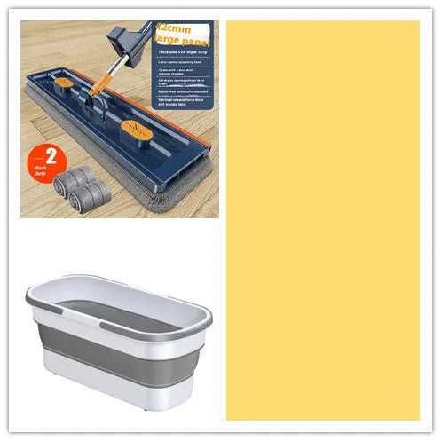 Large flat mop with stainless steel handle and blue cleaning cloths showing 360-degree rotating head