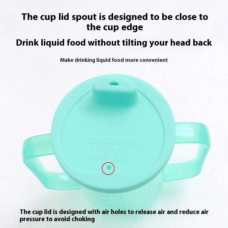 Oblique anti-choke drinking cup with handle and lid for bed use by elderly or pregnant women