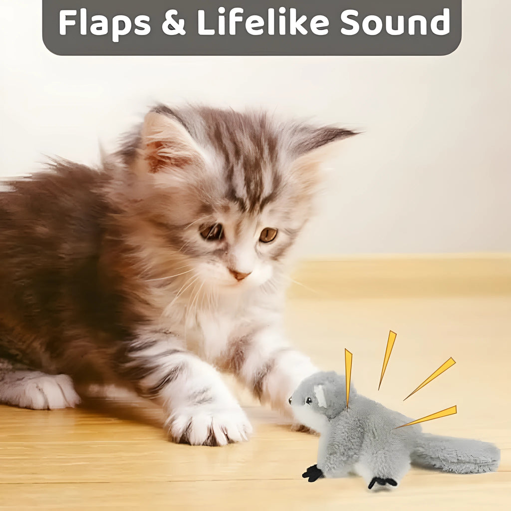 Grey flapping squirrel cat toy with touch-activated motion and USB charging port