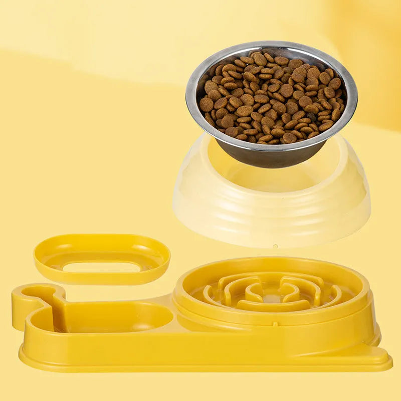 Brown elevated cat food bowl with attached water bottle dispenser on a floor.