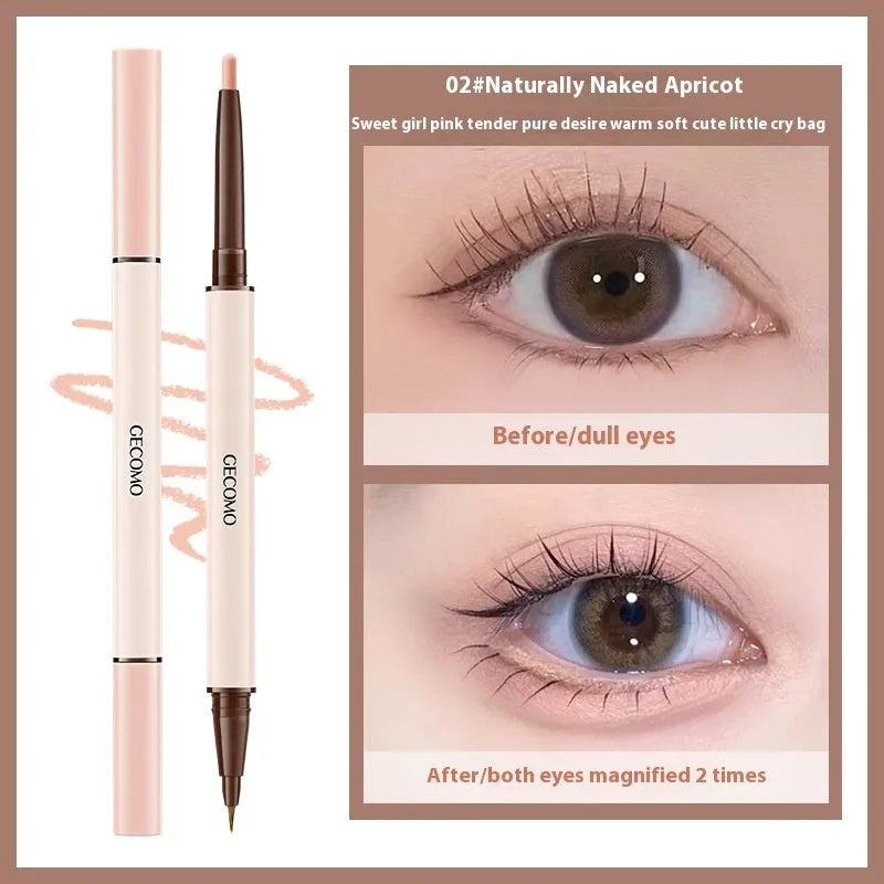 Double-headed silkworm pen eyeliner with pearlescent floating platinum and nude apricot colours