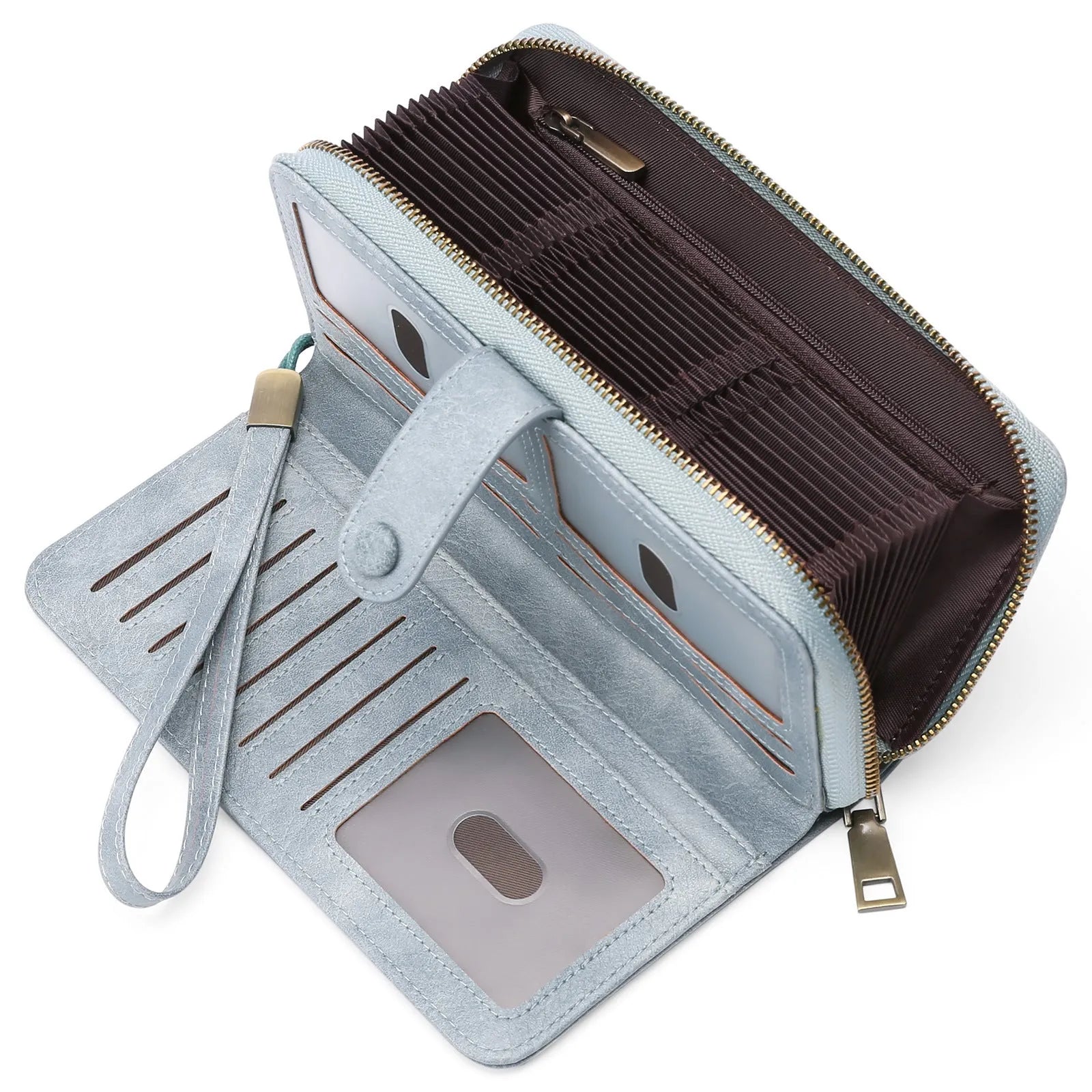 Women's long expanding card holder wallet in synthetic leather with anti-theft swiping feature