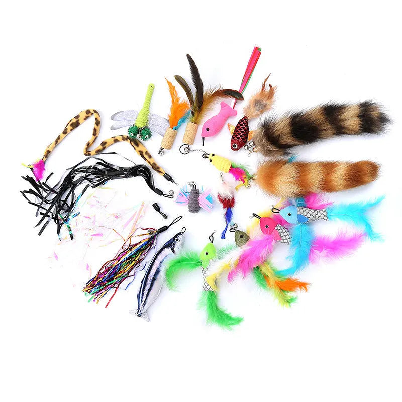 Cat teaser fishing rod set with two poles and ten feather replacement heads