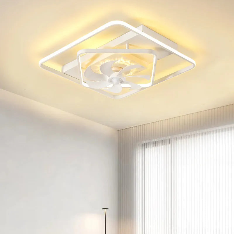 Modern thin suction ceiling fan with light, 1100 by 700mm, with plastic blades and an acrylic lampshade.