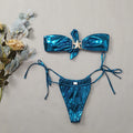 Women's glossy sapphire blue tube top bikini with long sleeves and backless design.