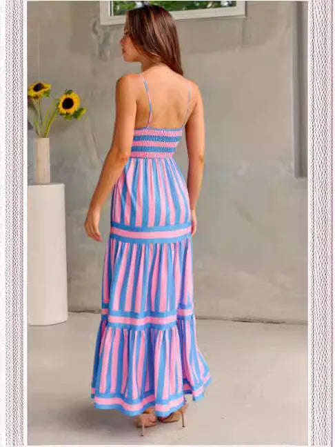 Women's striped printed summer dress with suspender straps and side pockets in blue colour