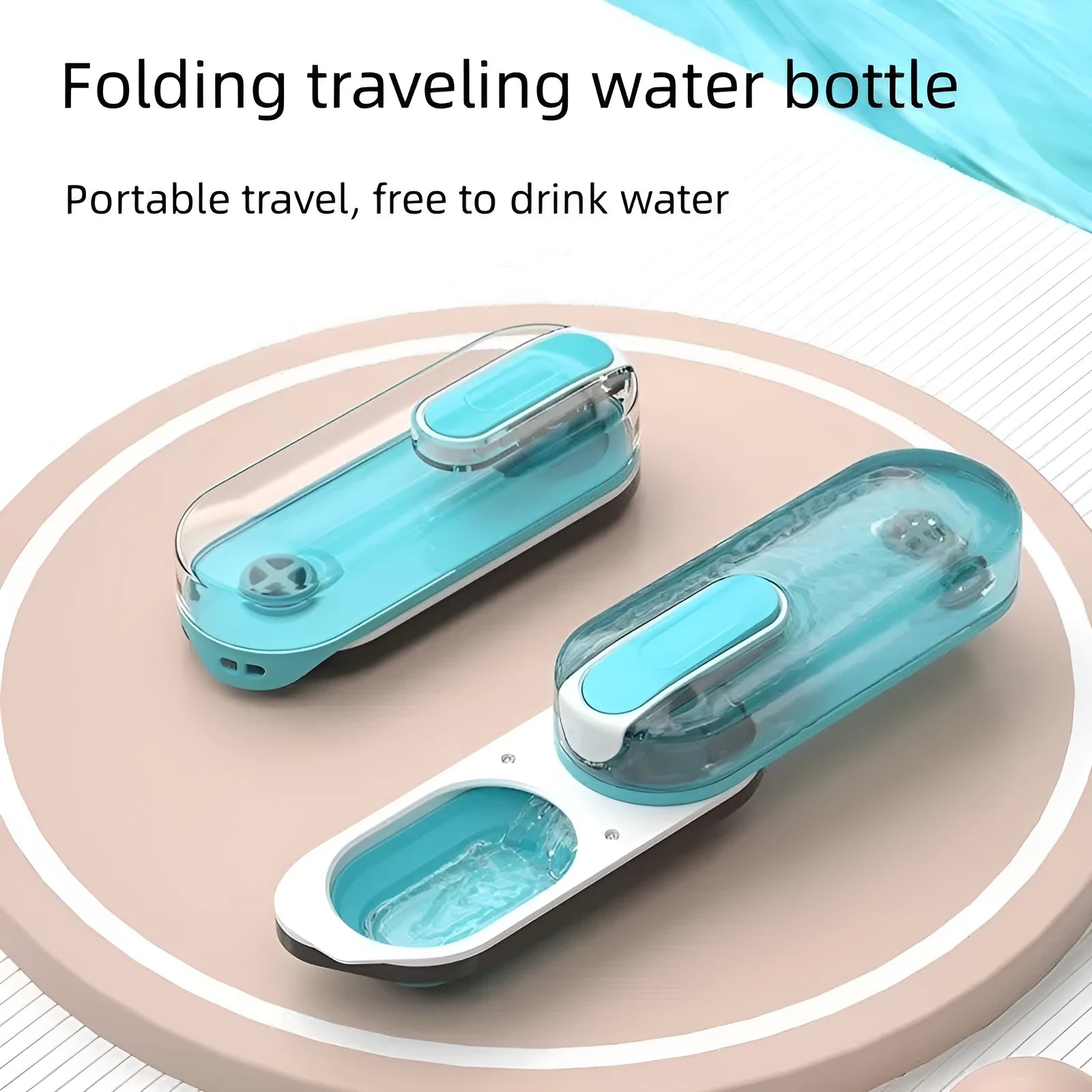 Portable plastic dog water bottle with attached foldable drinking bowl in blue colour for outdoor travel