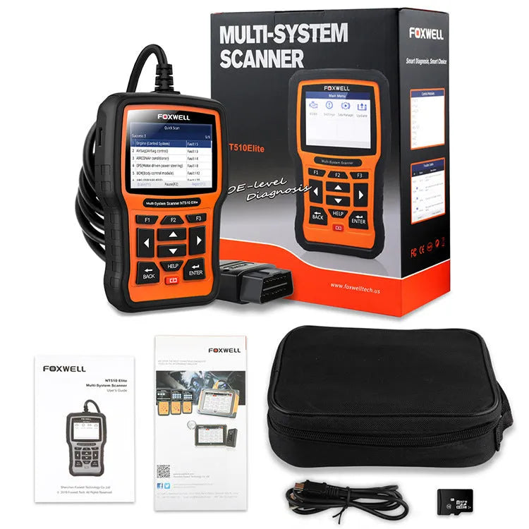 Foxwell NT510 orange and black automotive diagnostic tool with large colour screen and data cable