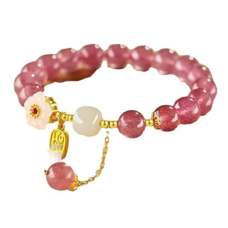 Handmade strawberry quartz crystal bracelet for women showing five natural stone design variations