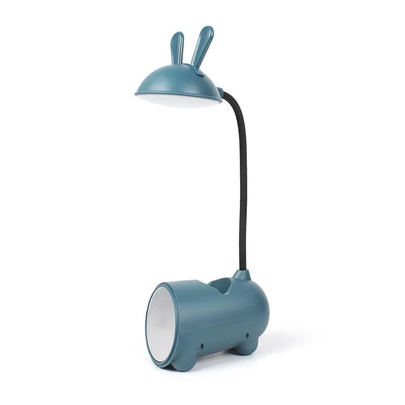 Cartoon-style USB desk lamp with integrated pen holder in green, blue, or pink colour