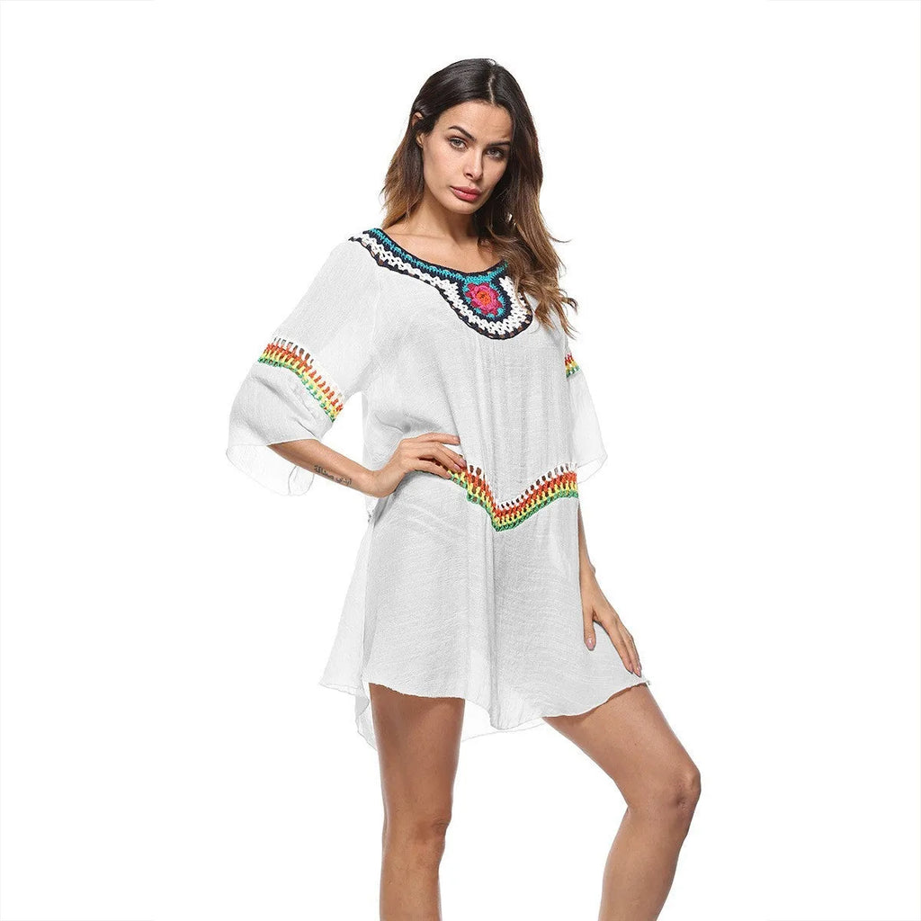 Crocheted ethnic style beach cover-up in polyester fabric for sun protection during swimming