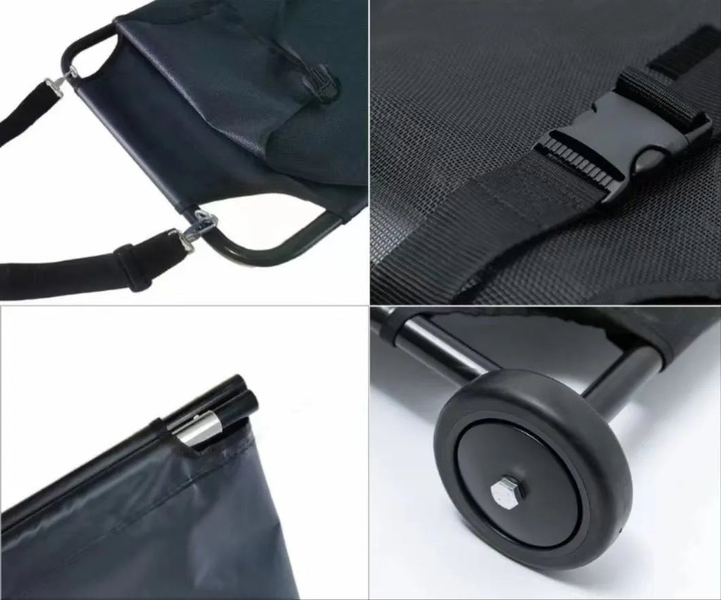 Large black foldable aluminium pet stretcher for emergency dog transport with collapsed frame