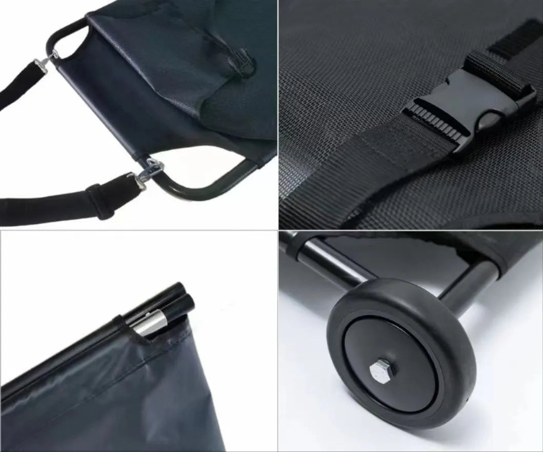 Large black foldable aluminium pet stretcher for emergency dog transport with collapsed frame