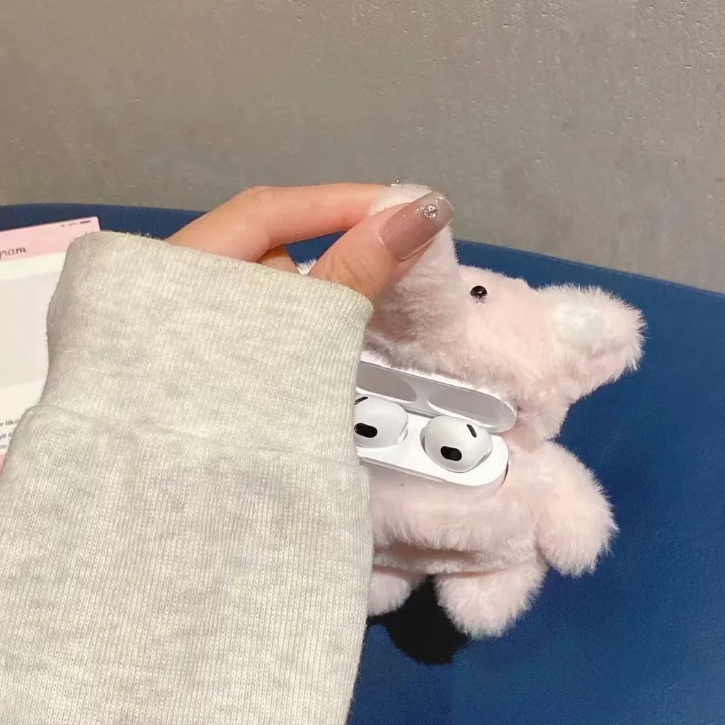 Pink plush baby elephant wireless Bluetooth earbuds case for AirPods, flannel fabric with cartoon design