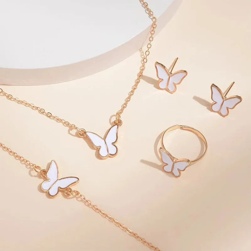 Five-piece butterfly pendant jewellery set for women including necklace earrings ring bracelet in black alloy electroplated finish